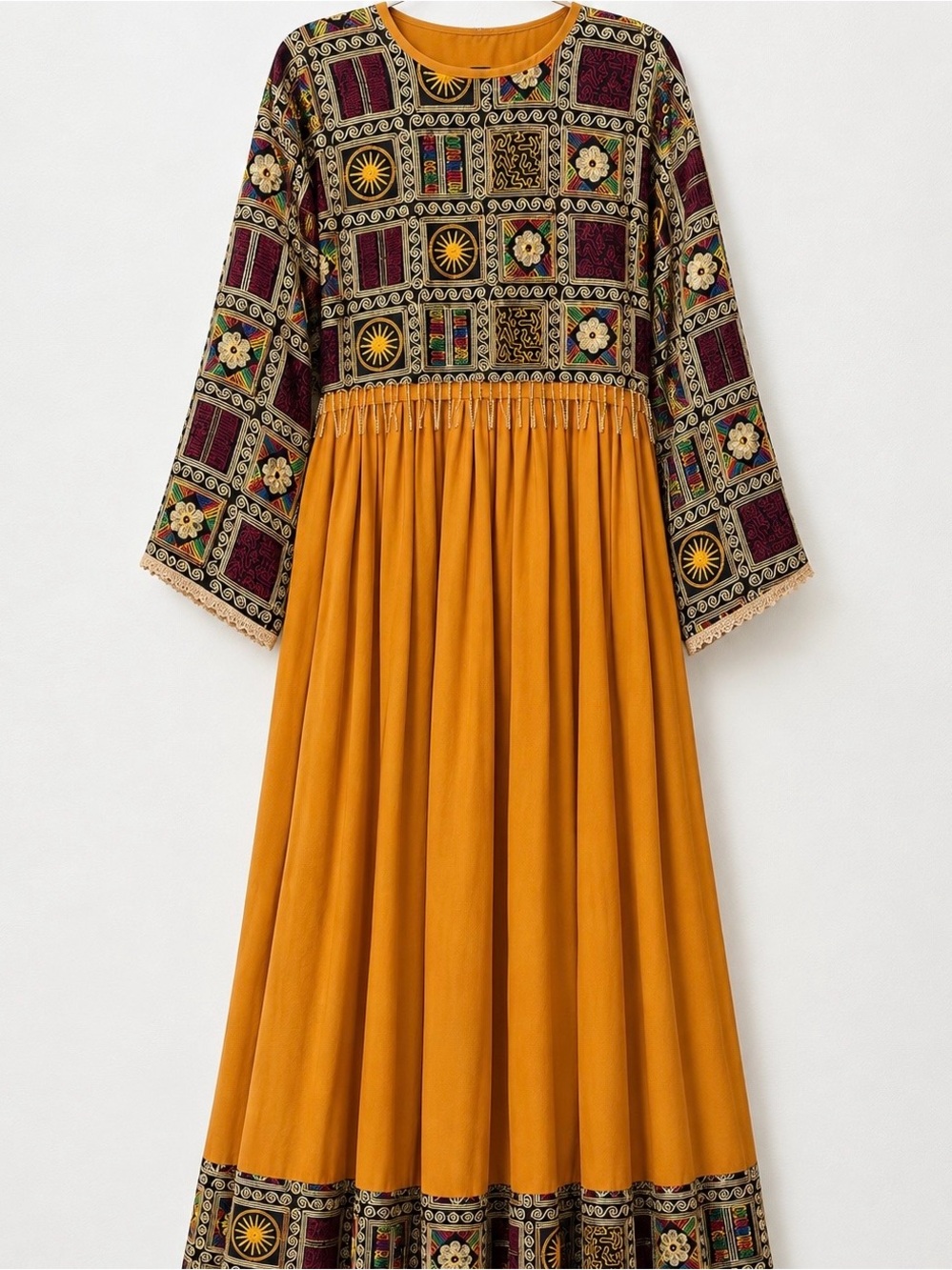 Others Follow Mustard Maxi Dress with Maroon Printed Bodice